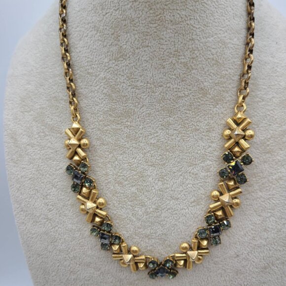 J Crew Vintage Gold Tone Blue Crystal Statement Necklace - Picture 1 of 11